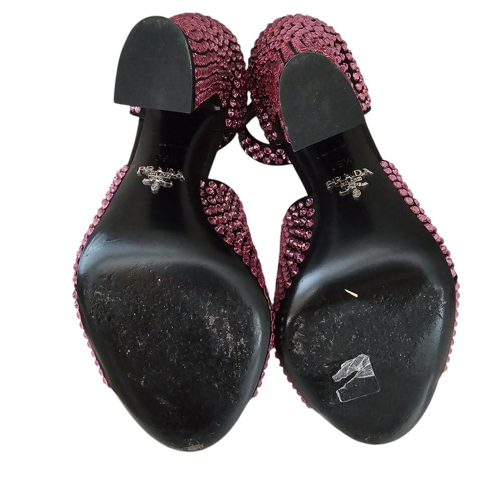 Prada Crystal Embellished Pink Ankle Strap Heel Sandal Size 39.5 US 9.5 Open Toe - Picture 7 of 9